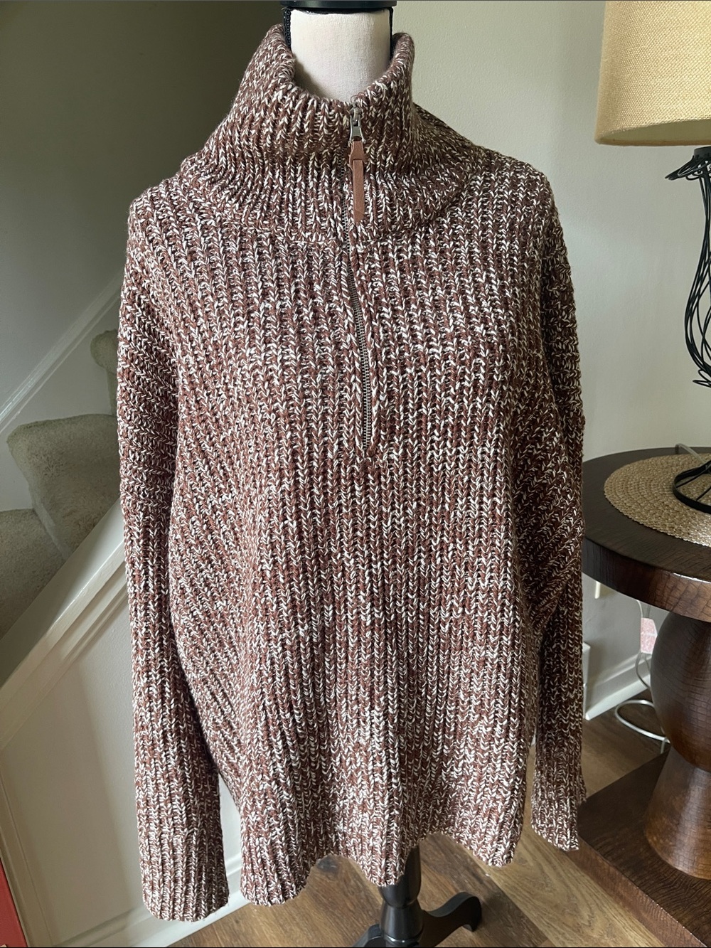 New York &Co Brown &Tan Marled Chunky Knit 1/4 Zip Pullover Sweater Size XXL